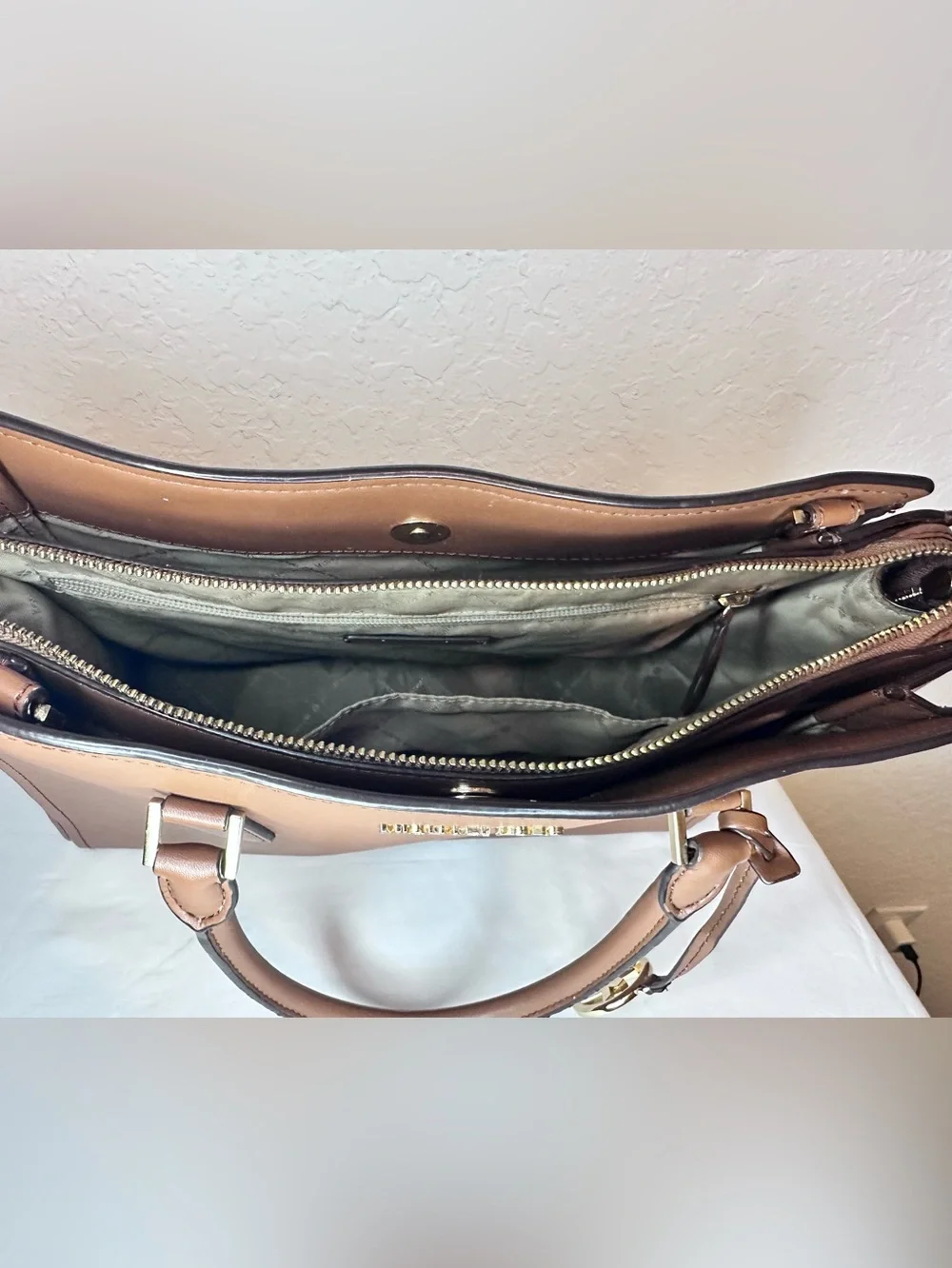 Michael Kors Sutton Medium Saffiano Leather Satchel Brown Gold